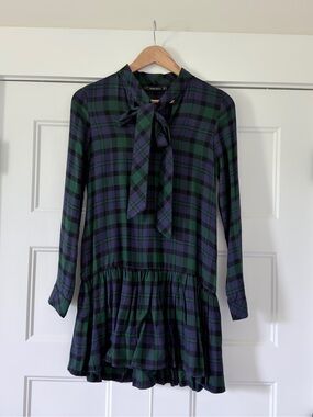 Zara Green and Navy Black Watch Plaid Tie-Neck Long Sleeve Dress